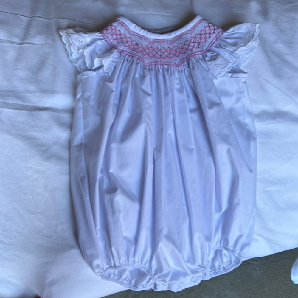 The Beaufort Bonnet Company pink and white smocked bubble